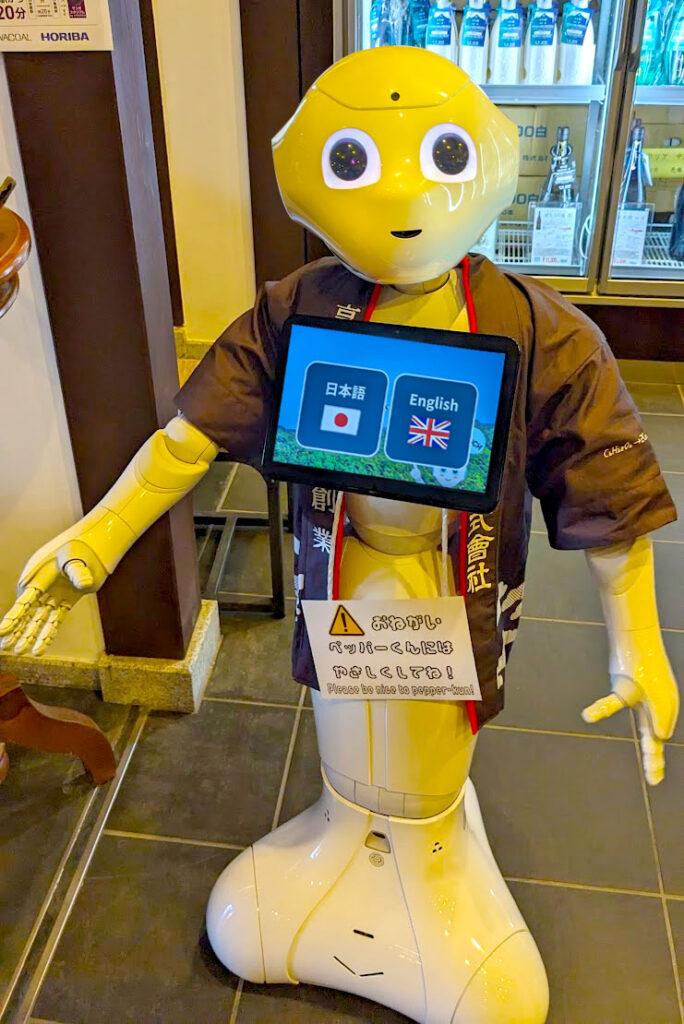 a white friendly looking robot looks at you with fake eyes. On their chest is an ipad hanging from their neck. On the screen, you can click either english or japanese