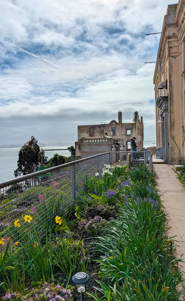 a vertical image of the penitentiary on the right side with a narrow pathway with some beautiful flowers next to it. In the distance is a ruin building with no roof.