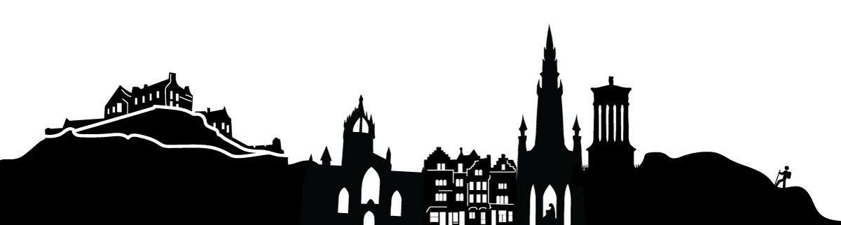 black and white silhouette of the edinburgh skyline from edinburgh castle, to st gilles cathedral, classic edinburgh homes, calton hill, and a man hiking up to arthurs seat
