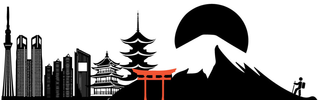 a black and white graphic of japan skyline, from the buildings of tokyo, to the old Japanese palaces and pagodas in Kyoto to the red torii gate, adding a pop of colour, and finally the larger than life snow capped mount fuji in the background with the moon behind it. 