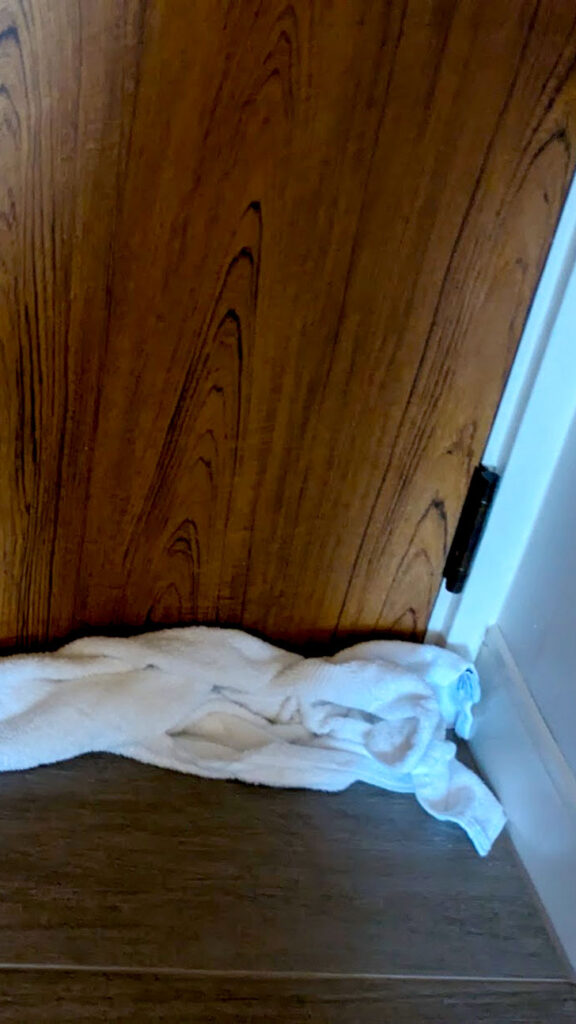 There's a towel on the floor covering the gap that would have been under the door.